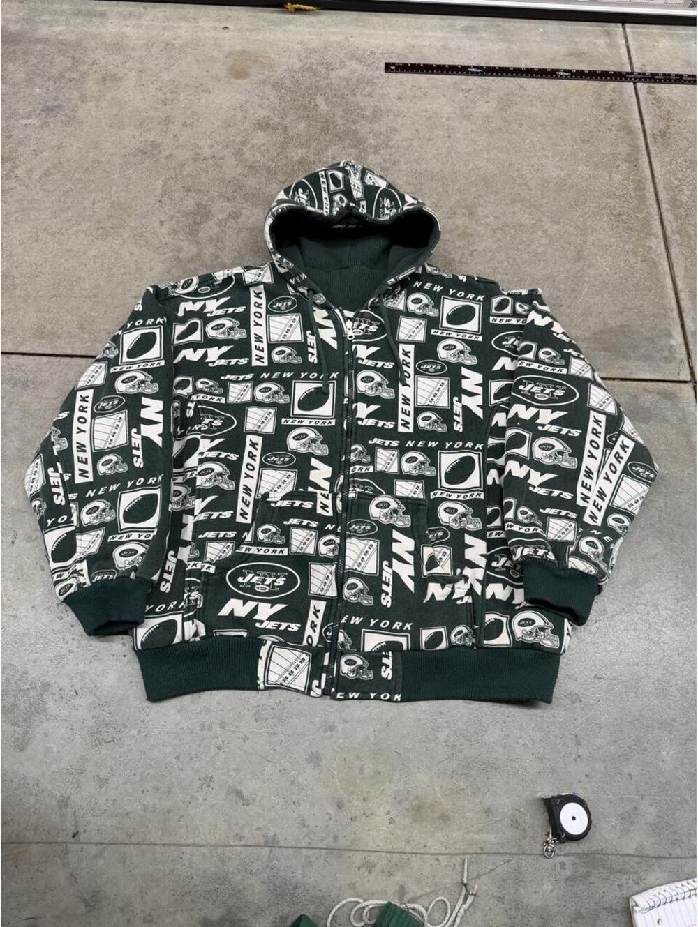 vintage new york jets green and white spell out zip up thermal lined hoodie xl